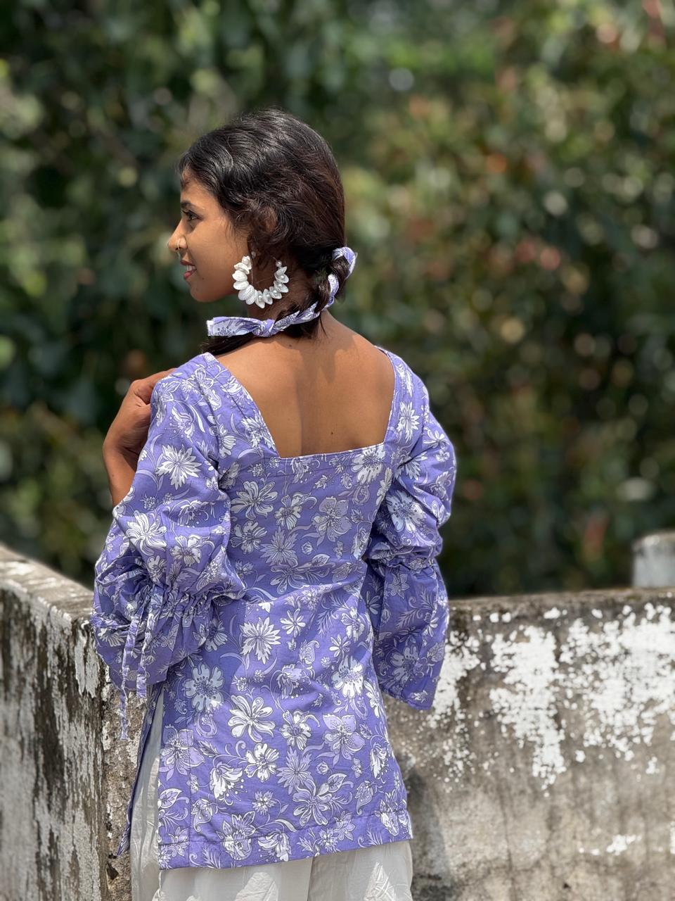 V Neck Floral Short Kurti (Purple)