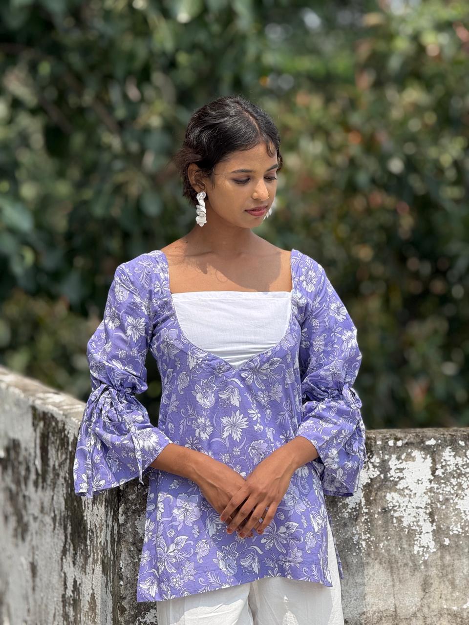 V Neck Floral Short Kurti (Purple)